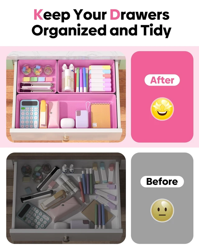 Alt view image 4 of 7 - 10 Pack Large Size Plastic Drawer Organizers Set, 3 Sizes Desk Drawer Organizer Trays, Storage Bins for Vanity, Makeup, Bathroom, Kitchen Utensils and Office (Pink)