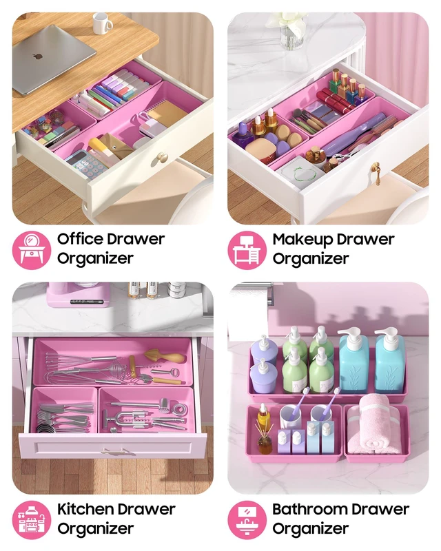Alt view image 5 of 7 - 10 Pack Large Size Plastic Drawer Organizers Set, 3 Sizes Desk Drawer Organizer Trays, Storage Bins for Vanity, Makeup, Bathroom, Kitchen Utensils and Office (Pink)