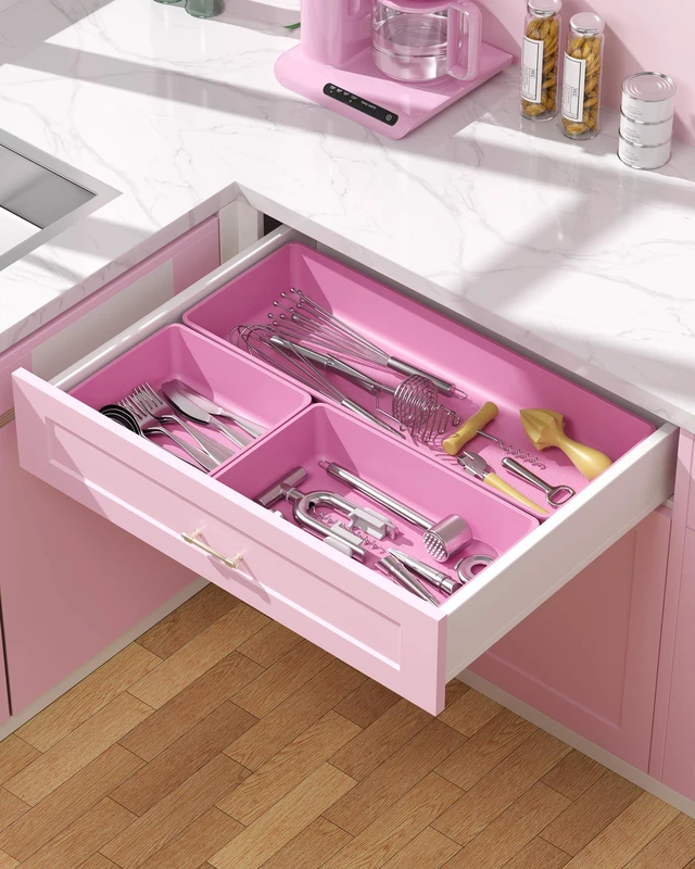 Alt view image 6 of 7 - 10 Pack Large Size Plastic Drawer Organizers Set, 3 Sizes Desk Drawer Organizer Trays, Storage Bins for Vanity, Makeup, Bathroom, Kitchen Utensils and Office (Pink)