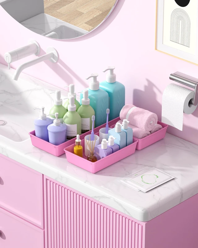 Alt view image 7 of 7 - 10 Pack Large Size Plastic Drawer Organizers Set, 3 Sizes Desk Drawer Organizer Trays, Storage Bins for Vanity, Makeup, Bathroom, Kitchen Utensils and Office (Pink)