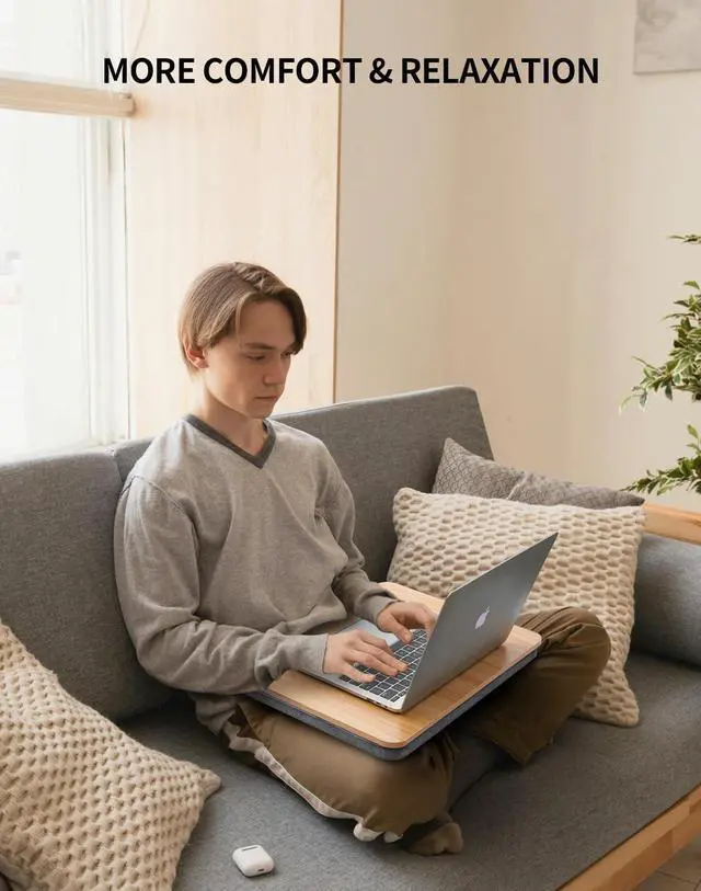 Alt view image 3 of 6 - Portable Lap Laptop Desk with Pillow Cushion, Fits up to 15.6 inch Laptop, Lap Stand for Bed & Couch & Carpet, Book Tablet/Drawing Board/Computer Laptop Stand - Light Brown Wood
