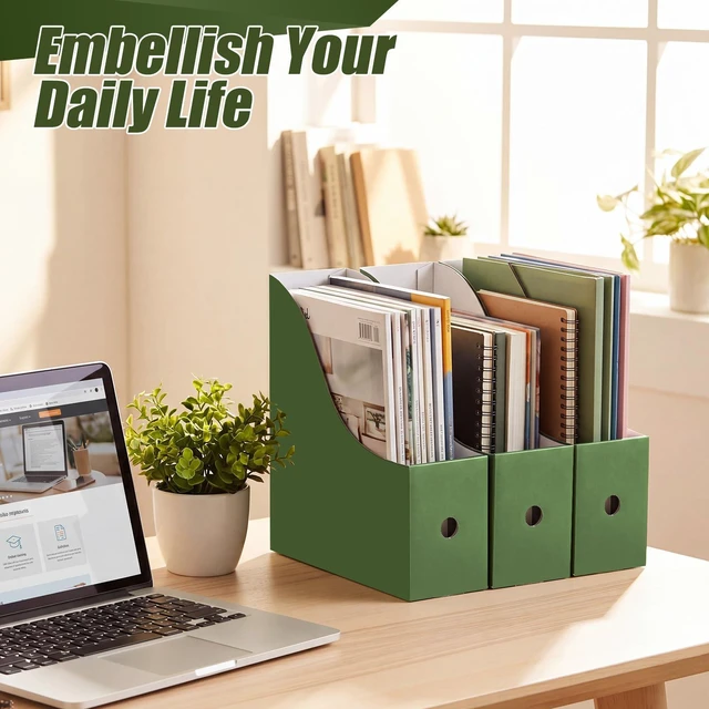 Alt view image 4 of 7 - 24 Pcs Magazine Files Cardboard Holders,Classic,Dark Green File Organizer Foldable Paper Storage for Desk, Vertical Holder with Label, Kraft Office Classroom Bins, Document Organizing