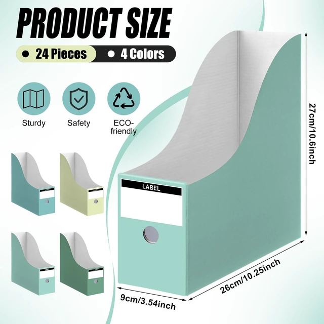 Alt view image 2 of 7 - 24 Pcs Magazine Files Cardboard Holders,Classic,Green Collection File Organizer Foldable Paper Storage for Desk, Vertical Holder with Label, Kraft Office Classroom Bins, Document Organizing