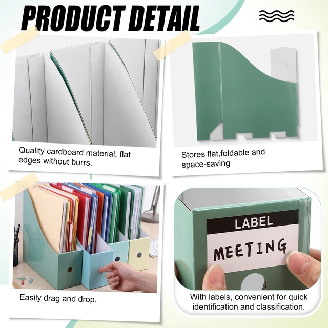 Alt view image 3 of 7 - 24 Pcs Magazine Files Cardboard Holders,Classic,Green Collection File Organizer Foldable Paper Storage for Desk, Vertical Holder with Label, Kraft Office Classroom Bins, Document Organizing