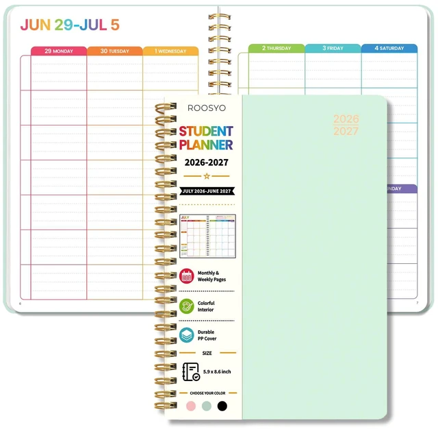 Main image of Aesthetic Academic Planner 2026-2027, Green Spiral Plan Book for Students, Jul. 2026 - Jun. 2027, 5.9" x 8.6", Colorful Weekly Monthly Pages, Flexible PP Cover