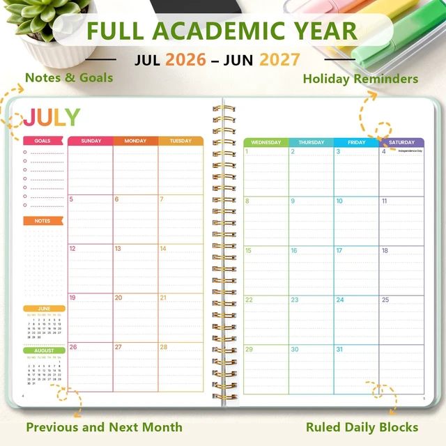 Alt view image 4 of 7 - Aesthetic Academic Planner 2026-2027, Green Spiral Plan Book for Students, Jul. 2026 - Jun. 2027, 5.9" x 8.6", Colorful Weekly Monthly Pages, Flexible PP Cover