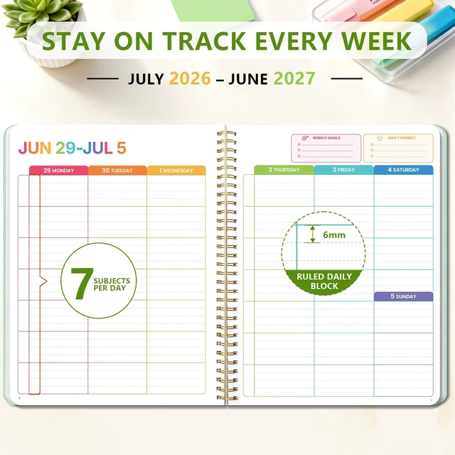 Alt view image 4 of 7 - Large Academic Calendar 2026-2027, Green Wirebound Student Planner, Jul. 2026 - Jun. 2027, 8.3" x 10.9", Weekly Monthly Study Planner, Color Pages, PP Cover