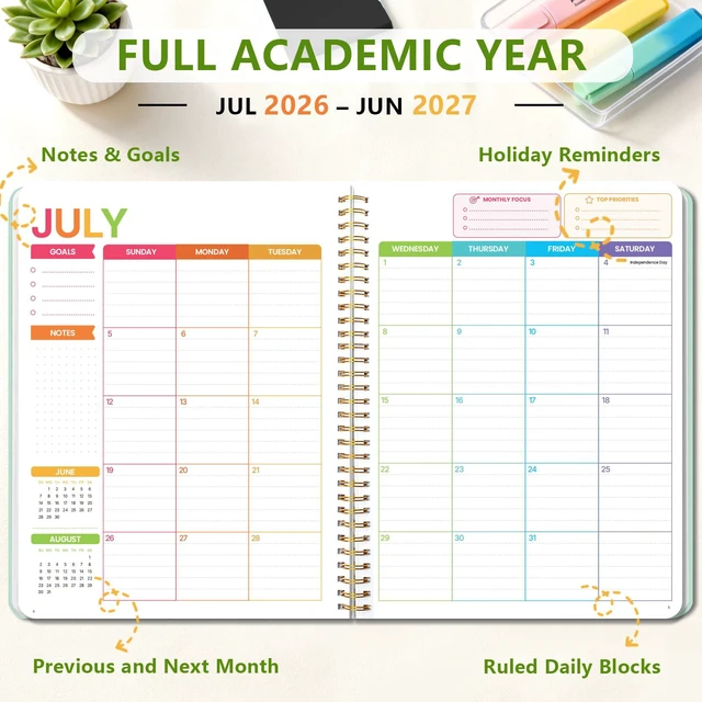 Alt view image 3 of 7 - Large Academic Calendar 2026-2027, Green Wirebound Student Planner, Jul. 2026 - Jun. 2027, 8.3" x 10.9", Weekly Monthly Study Planner, Color Pages, PP Cover