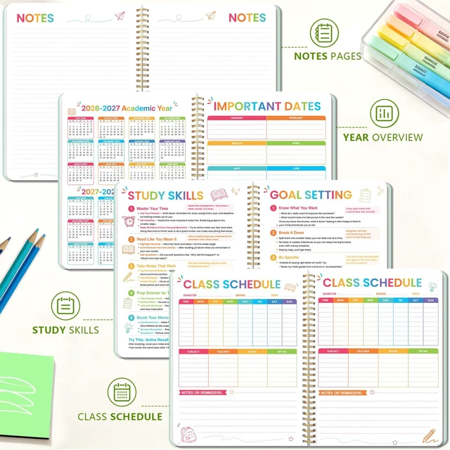 Alt view image 7 of 7 - Large Academic Calendar 2026-2027, Green Wirebound Student Planner, Jul. 2026 - Jun. 2027, 8.3" x 10.9", Weekly Monthly Study Planner, Color Pages, PP Cover