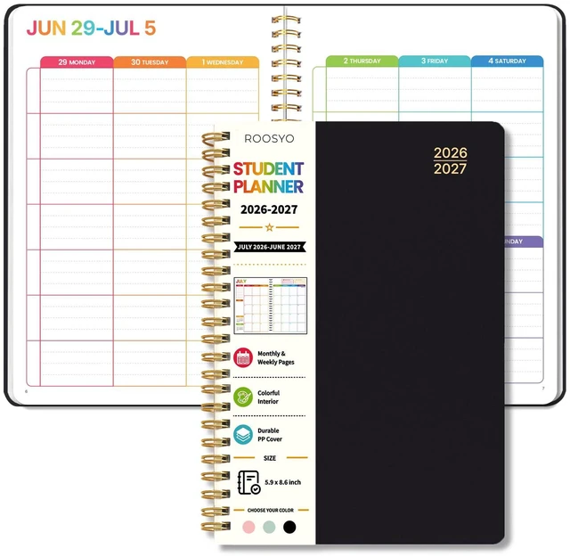 Main image of Student Planner 2026-2027, Black Spiral Academic Planner with Colorful Pages, Jul. 2026 - Jun. 2027, 5.9" x 8.6", PP Plastic Cover Weekly Monthly Organizer
