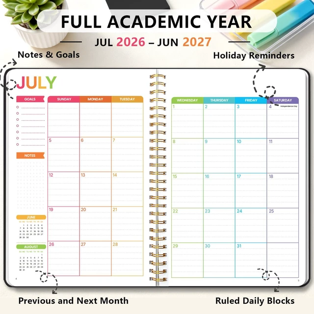Alt view image 3 of 7 - Student Planner 2026-2027, Black Spiral Academic Planner with Colorful Pages, Jul. 2026 - Jun. 2027, 5.9" x 8.6", PP Plastic Cover Weekly Monthly Organizer