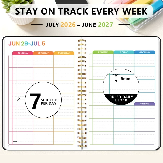 Alt view image 4 of 7 - Student Planner 2026-2027, Black Spiral Academic Planner with Colorful Pages, Jul. 2026 - Jun. 2027, 5.9" x 8.6", PP Plastic Cover Weekly Monthly Organizer