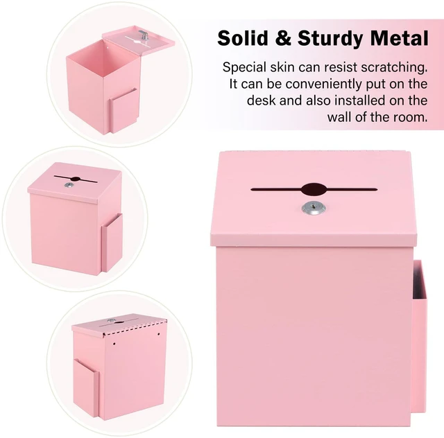 Alt view image 2 of 7 - Suggestion Box with Key Lock, Wall-Mounted Ballot Box, Pink Metal Donation Box with 2 keys, Durable & Safe, Includes 50 Free Cards, 8.7" x 7.1" x 5.9", Ideal for Votes and Fundraising