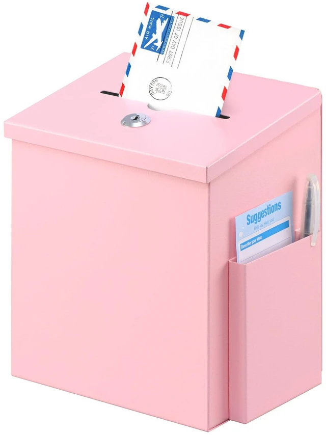 Main image of Suggestion Box with Key Lock, Wall-Mounted Ballot Box, Pink Metal Donation Box with 2 keys, Durable & Safe, Includes 50 Free Cards, 8.7" x 7.1" x 5.9", Ideal for Votes and Fundraising