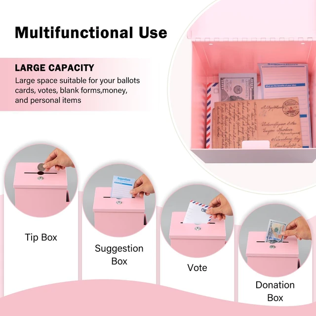 Alt view image 3 of 7 - Suggestion Box with Key Lock, Wall-Mounted Ballot Box, Pink Metal Donation Box with 2 keys, Durable & Safe, Includes 50 Free Cards, 8.7" x 7.1" x 5.9", Ideal for Votes and Fundraising