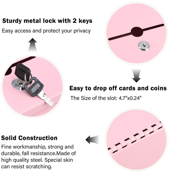 Alt view image 4 of 7 - Suggestion Box with Key Lock, Wall-Mounted Ballot Box, Pink Metal Donation Box with 2 keys, Durable & Safe, Includes 50 Free Cards, 8.7" x 7.1" x 5.9", Ideal for Votes and Fundraising
