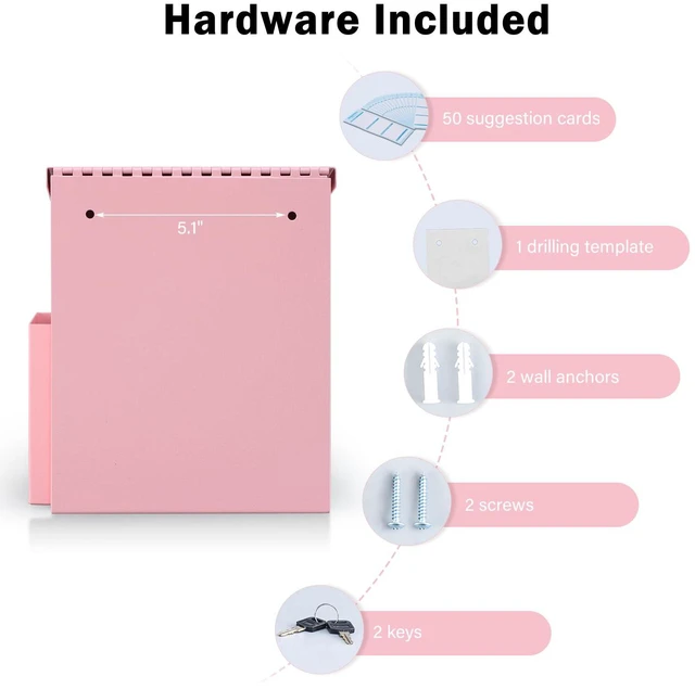 Alt view image 5 of 7 - Suggestion Box with Key Lock, Wall-Mounted Ballot Box, Pink Metal Donation Box with 2 keys, Durable & Safe, Includes 50 Free Cards, 8.7" x 7.1" x 5.9", Ideal for Votes and Fundraising