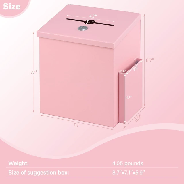 Alt view image 6 of 7 - Suggestion Box with Key Lock, Wall-Mounted Ballot Box, Pink Metal Donation Box with 2 keys, Durable & Safe, Includes 50 Free Cards, 8.7" x 7.1" x 5.9", Ideal for Votes and Fundraising