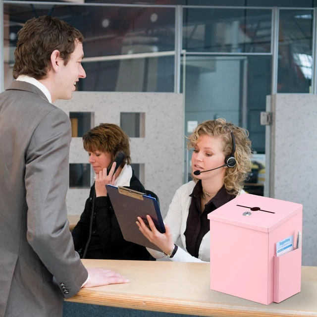 Alt view image 7 of 7 - Suggestion Box with Key Lock, Wall-Mounted Ballot Box, Pink Metal Donation Box with 2 keys, Durable & Safe, Includes 50 Free Cards, 8.7" x 7.1" x 5.9", Ideal for Votes and Fundraising