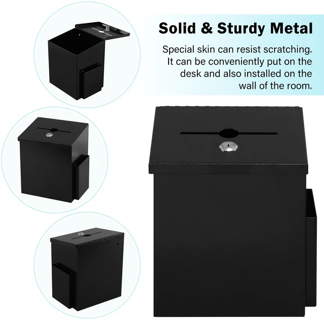Alt view image 2 of 7 - Suggestion Box with Key Lock, Wall-Mounted Ballot Box, Black Metal Donation Box with 2 keys, Durable & Safe, Includes 50 Free Cards, 8.7" x 5.9" x 7.1", Ideal for Votes and Fundraising