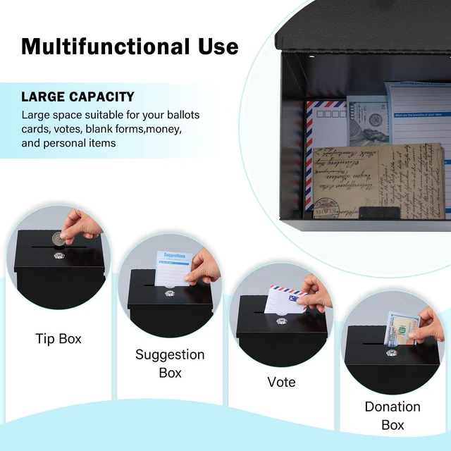 Alt view image 4 of 7 - Suggestion Box with Key Lock, Wall-Mounted Ballot Box, Black Metal Donation Box with 2 keys, Durable & Safe, Includes 50 Free Cards, 8.7" x 5.9" x 7.1", Ideal for Votes and Fundraising