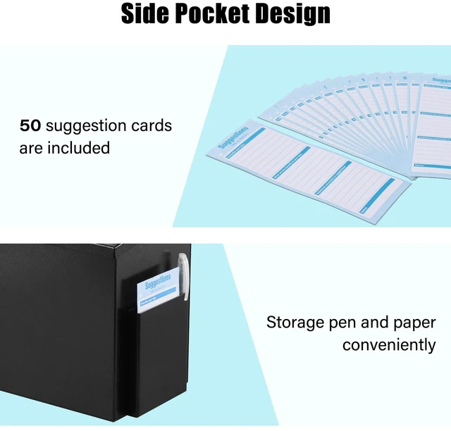 Alt view image 5 of 7 - Suggestion Box with Key Lock, Wall-Mounted Ballot Box, Black Metal Donation Box with 2 keys, Durable & Safe, Includes 50 Free Cards, 8.7" x 5.9" x 7.1", Ideal for Votes and Fundraising