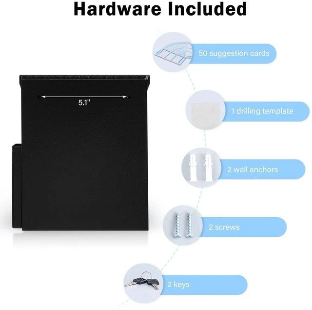 Alt view image 6 of 7 - Suggestion Box with Key Lock, Wall-Mounted Ballot Box, Black Metal Donation Box with 2 keys, Durable & Safe, Includes 50 Free Cards, 8.7" x 5.9" x 7.1", Ideal for Votes and Fundraising