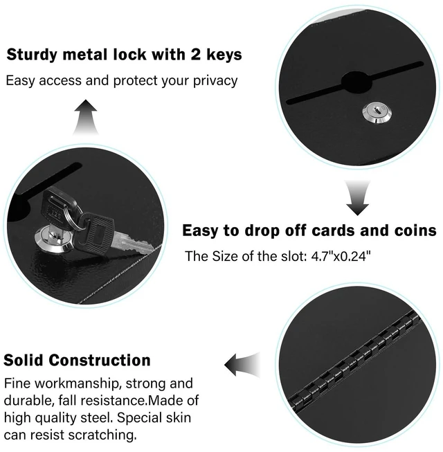 Alt view image 7 of 7 - Suggestion Box with Key Lock, Wall-Mounted Ballot Box, Black Metal Donation Box with 2 keys, Durable & Safe, Includes 50 Free Cards, 8.7" x 5.9" x 7.1", Ideal for Votes and Fundraising
