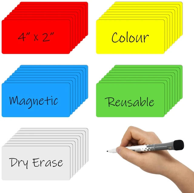 Main image of Dry Erase Magnetic Labels, 4x2 Inch, 40 Pieces in 5 Colors, Reusable, for Whiteboards, Locker, School, Classroom, Office, Home