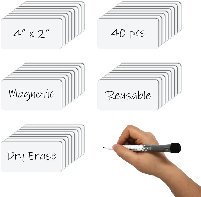 Main image of Dry Erase Magnetic Labels 4x2 Inch White, Reusable Magnetic Dry Erase Labels for Classroom Office WhiteboardsPack of 40