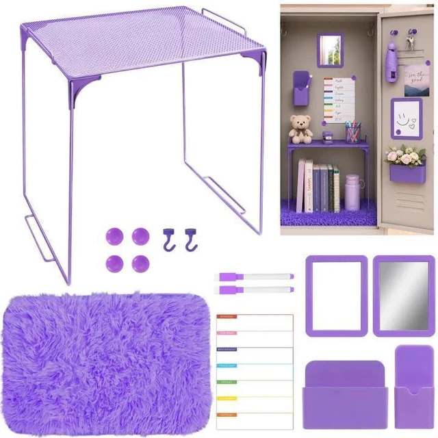 Main image of 15 PCS Purple School Locker Organizer Kit with Shelf and Accessories Locker Accessories Include Shelf, Rug, Magnetic Mirror, Whiteboard with Marker and Nails for Girls' Back to School