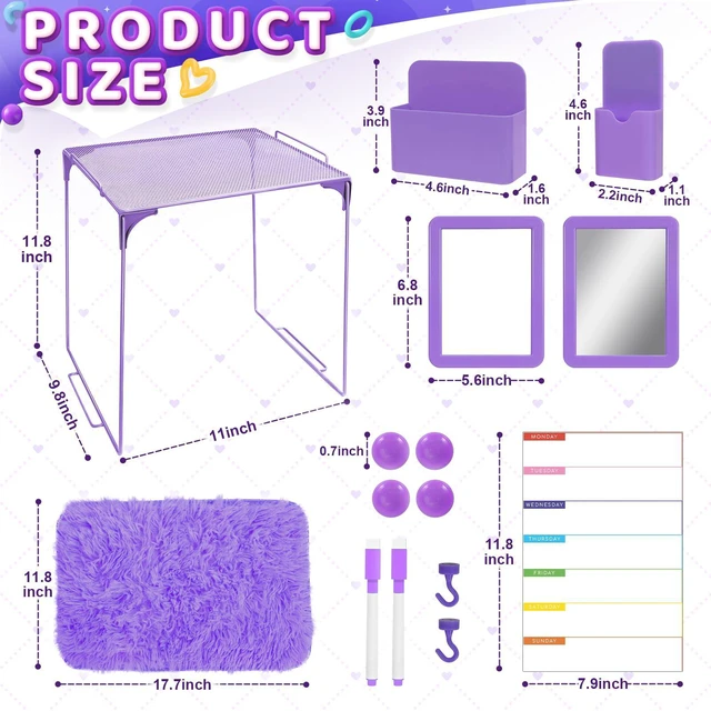 Alt view image 2 of 7 - 15 PCS Purple School Locker Organizer Kit with Shelf and Accessories Locker Accessories Include Shelf, Rug, Magnetic Mirror, Whiteboard with Marker and Nails for Girls' Back to School
