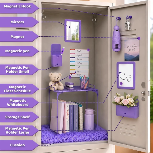 Alt view image 3 of 7 - 15 PCS Purple School Locker Organizer Kit with Shelf and Accessories Locker Accessories Include Shelf, Rug, Magnetic Mirror, Whiteboard with Marker and Nails for Girls' Back to School