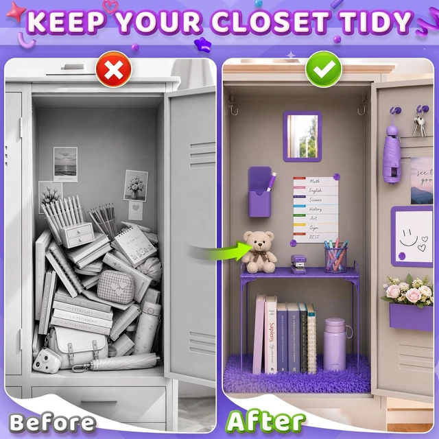 Alt view image 5 of 7 - 15 PCS Purple School Locker Organizer Kit with Shelf and Accessories Locker Accessories Include Shelf, Rug, Magnetic Mirror, Whiteboard with Marker and Nails for Girls' Back to School
