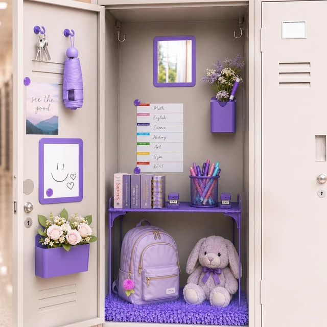 Alt view image 6 of 7 - 15 PCS Purple School Locker Organizer Kit with Shelf and Accessories Locker Accessories Include Shelf, Rug, Magnetic Mirror, Whiteboard with Marker and Nails for Girls' Back to School