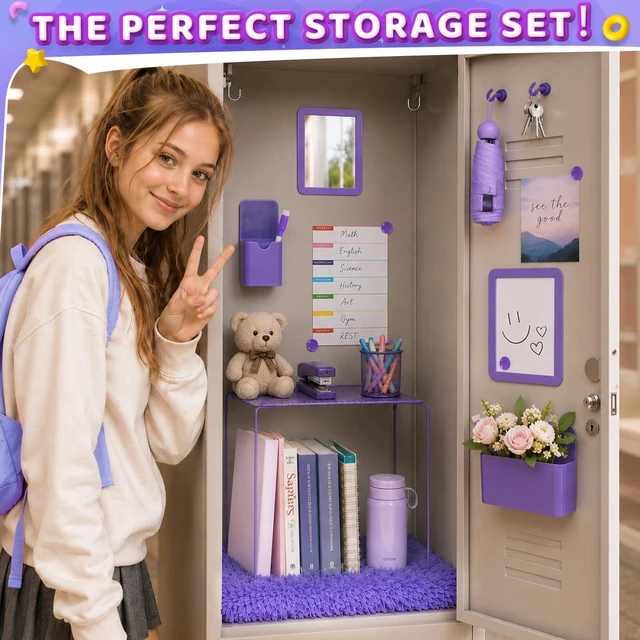 Alt view image 7 of 7 - 15 PCS Purple School Locker Organizer Kit with Shelf and Accessories Locker Accessories Include Shelf, Rug, Magnetic Mirror, Whiteboard with Marker and Nails for Girls' Back to School