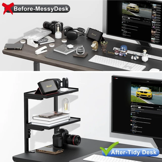 Alt view image 3 of 7 - 2-Tier Desk Shelf Desk Organization Expandable Clamp on Desk Shelf Desktop Accessories for Offices and Game Rooms (Black)