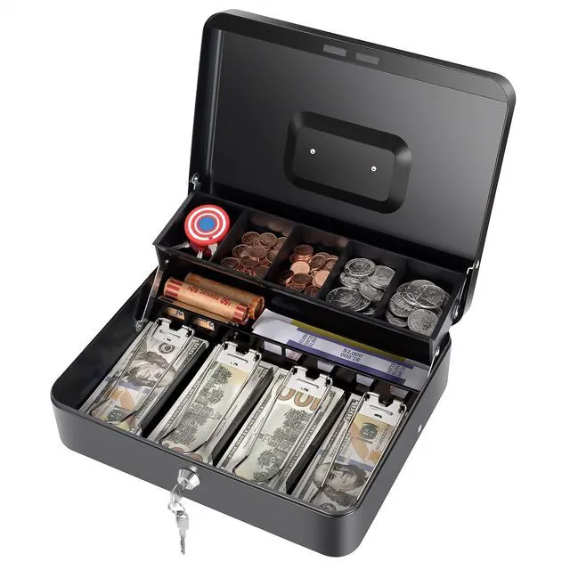 Main image of Cash Box with Money Tray and Key Lock, Saving Lock Box with Money Tray Storage for Cash Register 11.8"x9.45"x3.54" Black XL Large