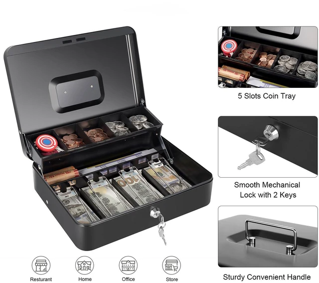 Alt view image 4 of 7 - Cash Box with Money Tray and Key Lock, Saving Lock Box with Money Tray Storage for Cash Register 11.8"x9.45"x3.54" Black XL Large