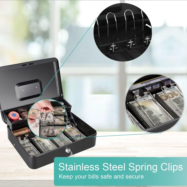 Alt view image 6 of 7 - Cash Box with Money Tray and Key Lock, Saving Lock Box with Money Tray Storage for Cash Register 11.8"x9.45"x3.54" Black XL Large