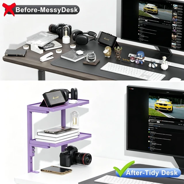 Alt view image 3 of 7 - 2-Tier Desk Shelf Desk Organization Expandable Clamp on Desk Shelf Desktop Accessories for Offices and Game Rooms (Purple)