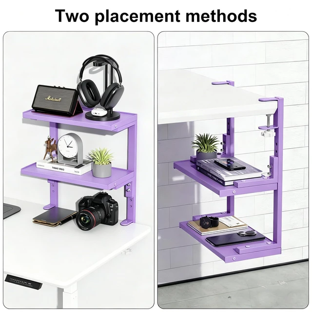 Alt view image 4 of 7 - 2-Tier Desk Shelf Desk Organization Expandable Clamp on Desk Shelf Desktop Accessories for Offices and Game Rooms (Purple)