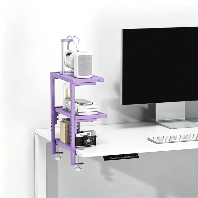 Alt view image 6 of 7 - 2-Tier Desk Shelf Desk Organization Expandable Clamp on Desk Shelf Desktop Accessories for Offices and Game Rooms (Purple)
