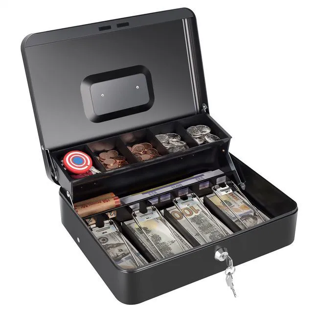 Alt view image 7 of 7 - Cash Box with Money Tray and Key Lock, Saving Lock Box with Money Tray Storage for Cash Register 11.8"x9.45"x3.54" Black XL Large