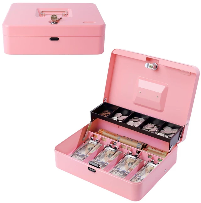 Main image of Cash Box with Money Tray and TOP Key & Push-Button Lock, Money Saving Lock Box, Safe Locking Box for Cash Register XL 11.8"x9.45"x3.54" Pink