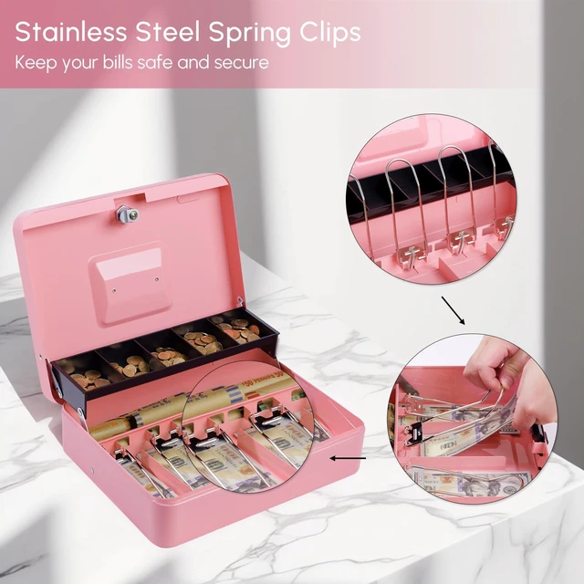 Alt view image 5 of 7 - Cash Box with Money Tray and TOP Key & Push-Button Lock, Money Saving Lock Box, Safe Locking Box for Cash Register XL 11.8"x9.45"x3.54" Pink