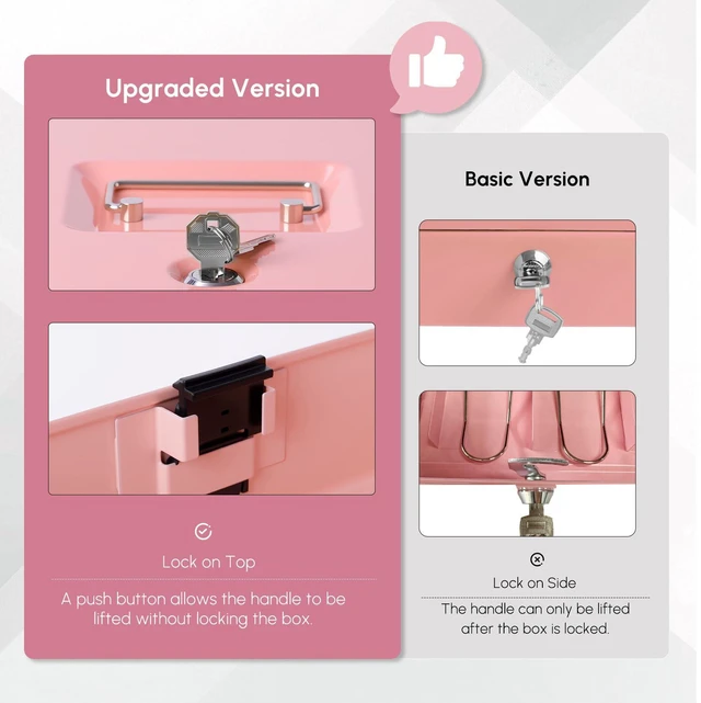 Alt view image 6 of 7 - Cash Box with Money Tray and TOP Key & Push-Button Lock, Money Saving Lock Box, Safe Locking Box for Cash Register XL 11.8"x9.45"x3.54" Pink
