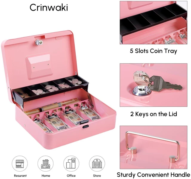 Alt view image 3 of 7 - Cash Box with Money Tray and TOP Key & Push-Button Lock, Money Saving Lock Box, Safe Locking Box for Cash Register XL 11.8"x9.45"x3.54" Pink