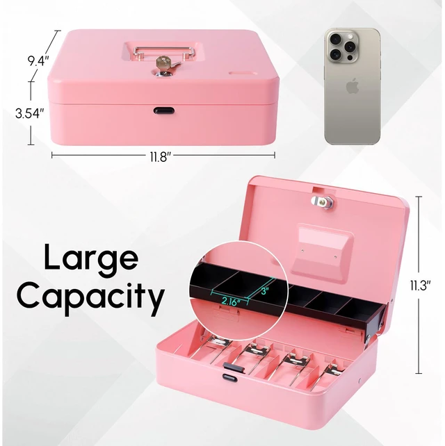 Alt view image 4 of 7 - Cash Box with Money Tray and TOP Key & Push-Button Lock, Money Saving Lock Box, Safe Locking Box for Cash Register XL 11.8"x9.45"x3.54" Pink