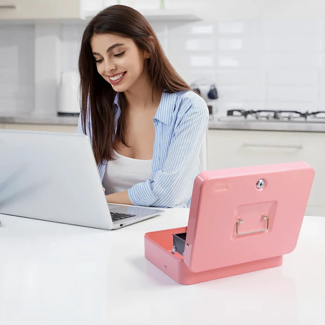 Alt view image 7 of 7 - Cash Box with Money Tray and TOP Key & Push-Button Lock, Money Saving Lock Box, Safe Locking Box for Cash Register XL 11.8"x9.45"x3.54" Pink